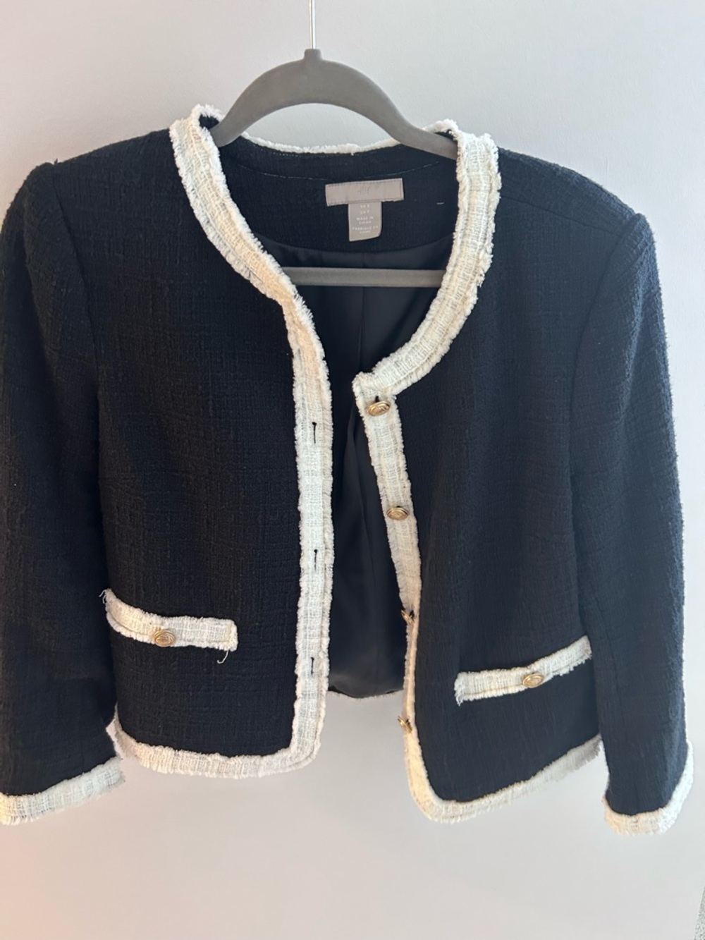 H&M Black Tweed Cropped Blazer with White Fringe Trim
